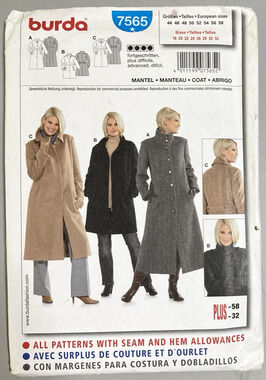 '09 Burda Style 7565 Trench Coat & Jacket Winter Ready Misses Plus 18-32 UNCUT